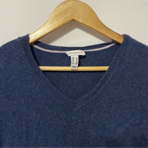 S 100% Cashmere Blue Ruffle Sweater Isaac Mizrahi Live! Pullover V Neck - Picture 4 of 9